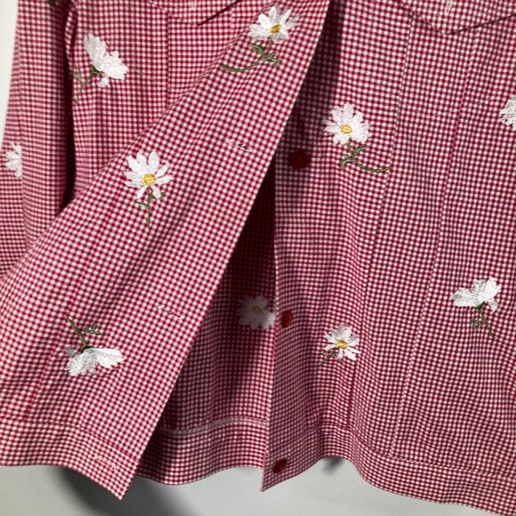 Womens Gingham Daisy‎ Button Jacket L Red White Long Sleeve Pockets - Picture 6 of 9